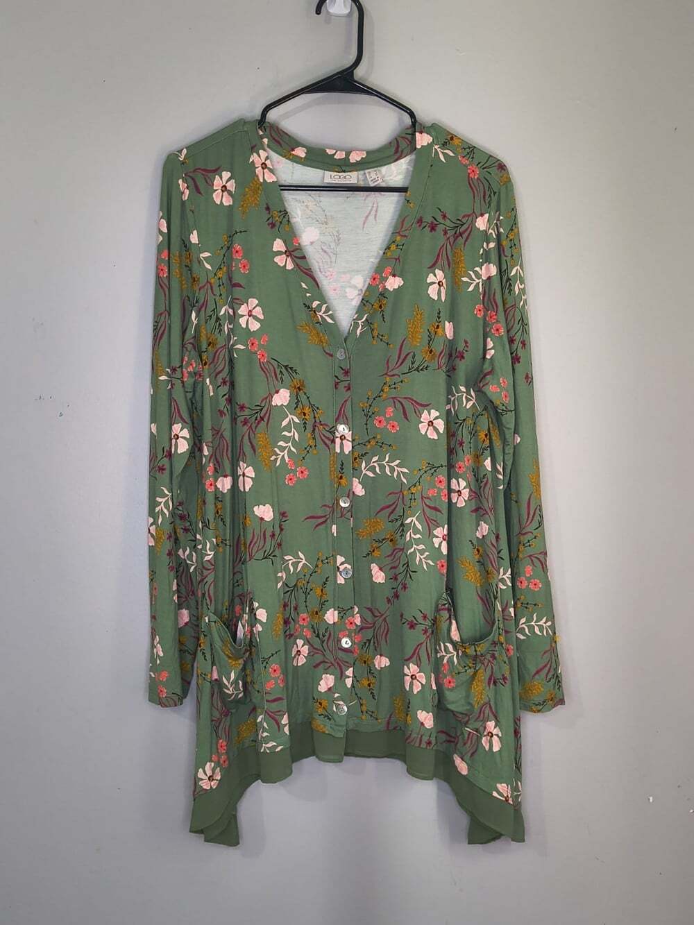 LOGO Lori Goldstein Cardigan Womens L Green Floral Button Tunic Chiffon Hem Knit